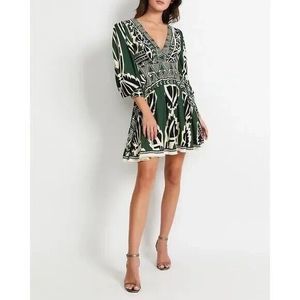 PatBO Dress Size 0 V-Neck Fit Flare Fringe Trim Emerald Green Ivory Print